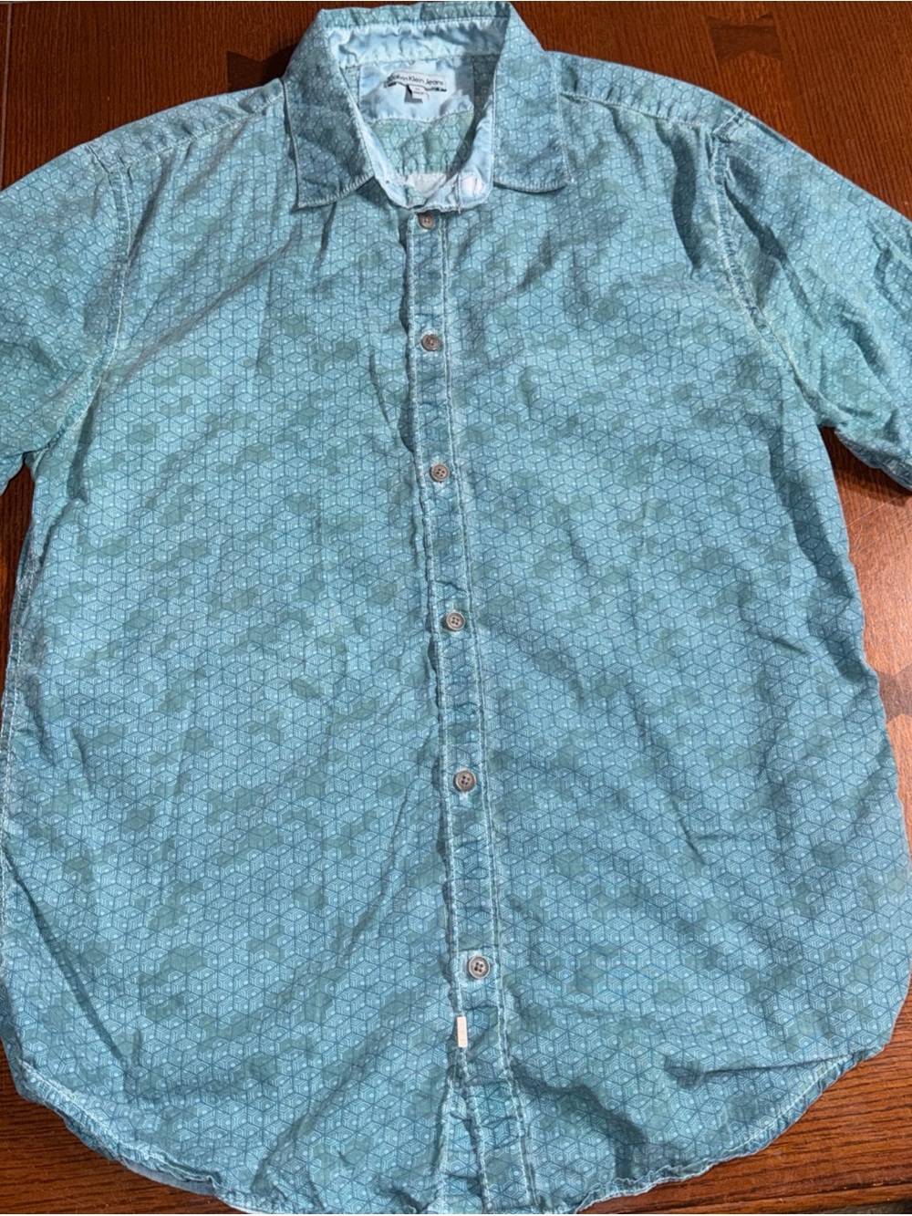 Calvin Klein Jeans Men's Light Teal Short-Sleeve Button-Up Shirt